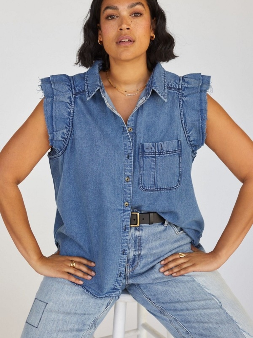 Anthropologie Pilcro Medium Sleeveless Denim Ruffle Button-Up Shirt